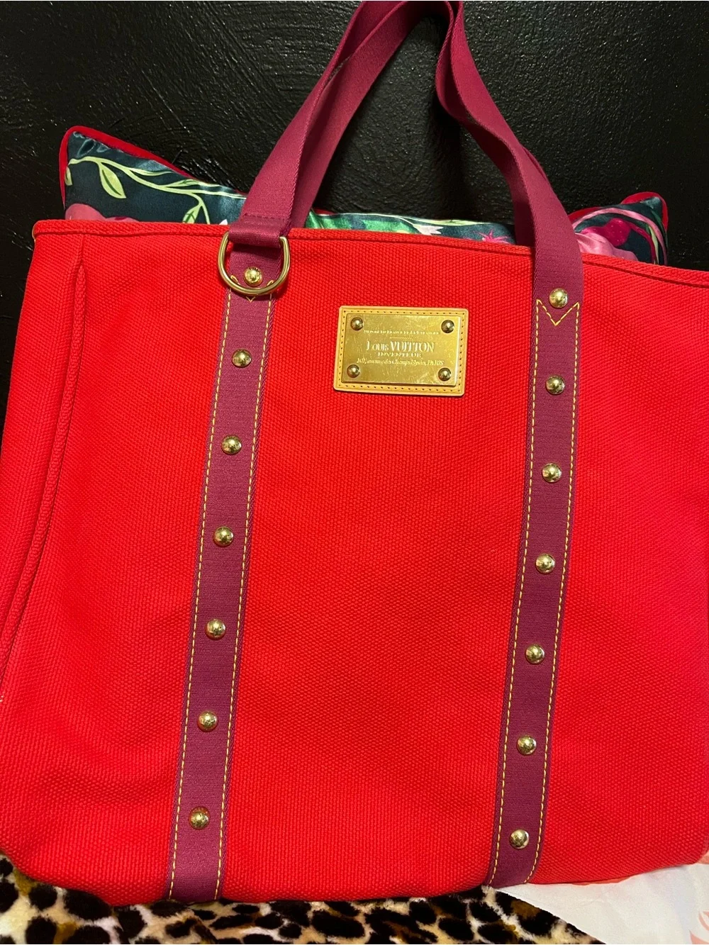 Louis Vuitton Red Canvas Tote with Purple Straps and Gold Plate